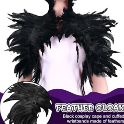 Dame Naturlig Fjer Kappe med Håndledsmanchetter Armbånd, Kostume Gotisk Snøreshal Sjal Krave, Halloween Kostume Tilbehør Lilla