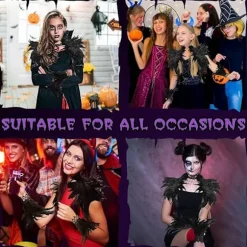 Dame Naturlig Fjer Kappe med Håndledsmanchetter Armbånd, Kostume Gotisk Snøreshal Sjal Krave, Halloween Kostume Tilbehør Lilla