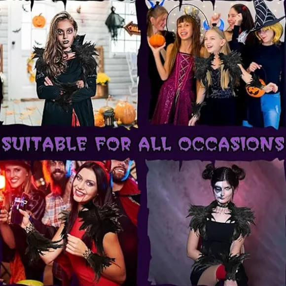 Dame Naturlig Fjer Kappe med Håndledsmanchetter Armbånd, Kostume Gotisk Snøreshal Sjal Krave, Halloween Kostume Tilbehør Lilla