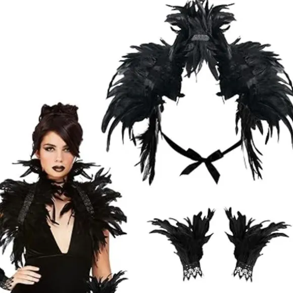 Dame Naturlig Fjer Kappe med Håndledsmanchetter Armbånd, Kostume Gotisk Snøreshal Sjal Krave, Halloween Kostume Tilbehør Sort