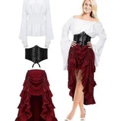 Dame Piratkostume Renæssance Bondebluse Korsetbælte Piratnederdel Middelalder Halloween-outfit-FS-