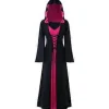 Dame Plus Size Halloween Hætteklædte Snøre Patchwork Langærmet Lang Kjole (XL Hot Pink)