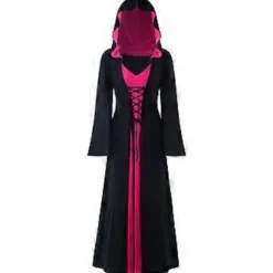 Dame Plus Size Halloween Hætteklædte Snøre Patchwork Langærmet Lang Kjole (XL Hot Pink)