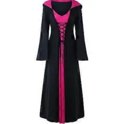 Dame Plus Size Halloween Hætteklædte Snøre Patchwork Langærmet Lang Kjole (XL Hot Pink)