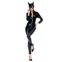 Dame PU læder Catsuit Cosplay Halloween Cat Mask Jumpsuit