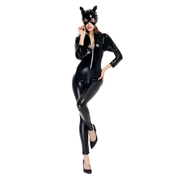 Dame PU læder Catsuit Cosplay Halloween Cat Mask Jumpsuit