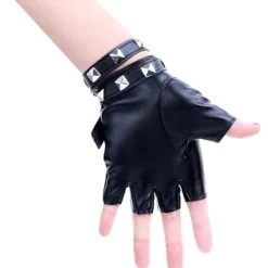 Dame PU Læder Punk Handsker Nitter Bælte Op eller Snap Halv Finger Performance Vanter（Sort）