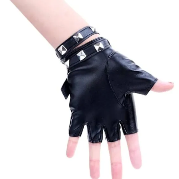Dame PU Læder Punk Handsker Nitter Bælte Op eller Snap Halv Finger Performance Vanter(Sort)
