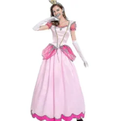 Dame Super Mario Peach Cosplay Kostume Pink Prinsesse Kjole + Handsker + Hovedbeklædning Sæt Karneval Fest 2XL