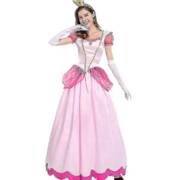 Dame Super Mario Peach Cosplay Kostume Pink Prinsesse Kjole + Handsker + Hovedbeklædning Sæt Karneval Fest 2XL