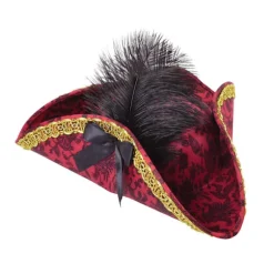 Dame/kvinders fjerprydet trekantet pirathat Red/Black/Gold One Size