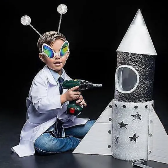 4-delt Halloween alien kostume tilbehørssæt, 2 par alien briller, 2 par alien solbriller, 2 par sølv Mars antenne hovedtelefoner
