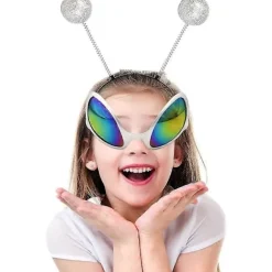 4-delt Halloween alien kostume tilbehørssæt, 2 par alien briller, 2 par alien solbriller, 2 par sølv Mars antenne hovedtelefoner