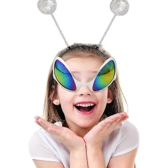 4-delt Halloween alien kostume tilbehørssæt, 2 par alien briller, 2 par alien solbriller, 2 par sølv Mars antenne hovedtelefoner