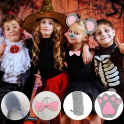 5-delt musekostumesæt - næse, halehandsker, lyserød butterfly, ørebånd - cosplay til voksne og børn, børnedag, fødselsdag, Halloween
