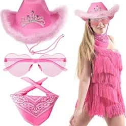 3-delt pailletstjerne cowboyhat, hvid western cowboyhat, femtakket stjernehat, hvide festjeans, med halstørklæde og solbriller