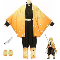 Demon Slayer Zenitsu Cosplay Kostume med Kimono og Paryk til Halloween Costume S