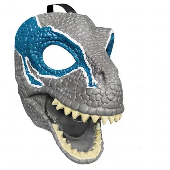 Dinosaurmaske med åben kæbe, øjne og næseåbninger og sikker S