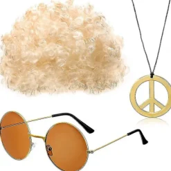 Disco og Solbriller Mænd Hippie Kostume Tilbehørssæt Inkluderer Afro Halskæde 50'erne/60'erne/70'erne Temafest