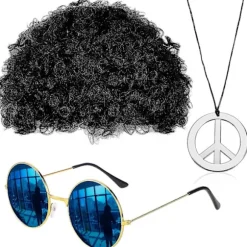 Disco og solbriller til mænd Hippie kostume tilbehørssæt inkluderer afro halskæde 50'erne/60'erne/70'erne temafest sort