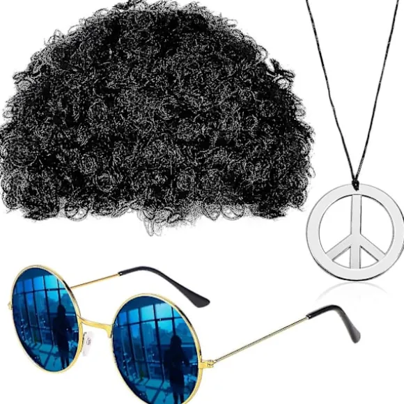 Disco og solbriller til mænd Hippie kostume tilbehørssæt inkluderer afro halskæde 50'erne/60'erne/70'erne temafest sort