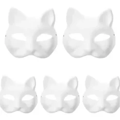 DIY Katte Ansigtsmasker til at Male 10 stk, Hvide Dyremasker til Børn, Halloween Maskerade Håndværksmasker