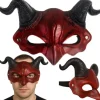 Djævle Halloween-maske med horn, rød/sort, elastisk bånd
