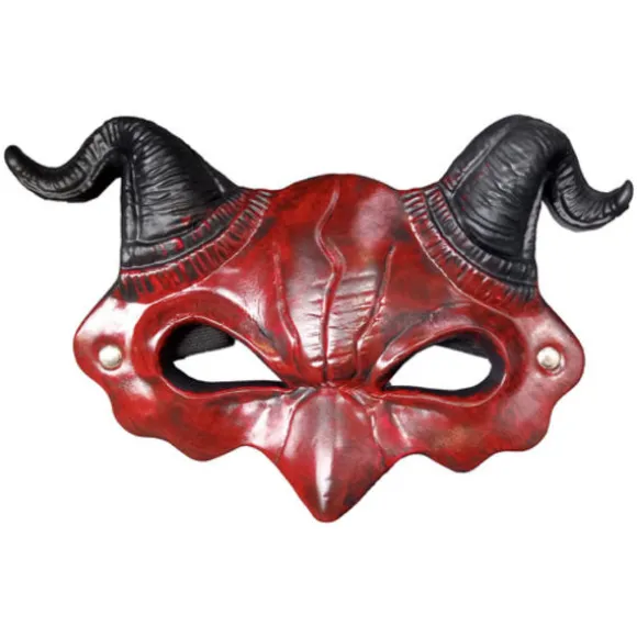 Djævle Halloween-maske med horn, rød/sort, elastisk bånd