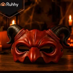 Djævle Halloween-maske med horn, rød/sort, elastisk bånd