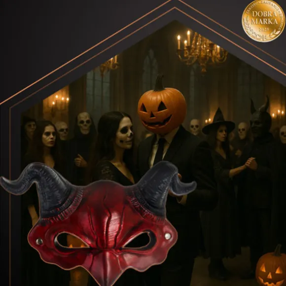 Djævle Halloween-maske med horn, rød/sort, elastisk bånd