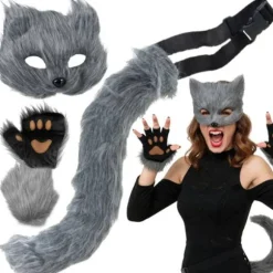 Dyrekostumesæt 4 dele maske, hale og handsker grå kat/ræv/ulv