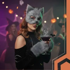 Dyrekostumesæt 4 dele maske, hale og handsker grå kat/ræv/ulv