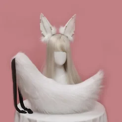 Dyreører Hovedbeklædning Hale Sæt Metal Ring Hårbøjle Håndlavet Cosplay Derss Up（Hvid）