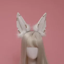 Dyreører Hovedbeklædning Hale Sæt Metal Ring Hårbøjle Håndlavet Cosplay Derss Up（Hvid）