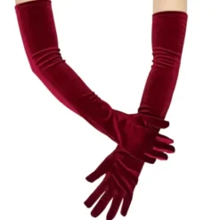 Ekstra lange fløjshandsker i vintage stil til damer, strækbare aftenhandsker, røde kostumetilbehør (LGL) Wine Red
