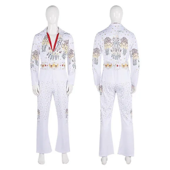 Elvis Presley Tribute Kostume Performance Kostume Hvid Rhinestone Jumpsuit Med Ørnemotiv Til Scene & Fest Med Tilbehør Til Show Eller Rollespil