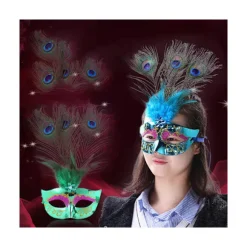 En maske med 3 huller i halen, blå påfugl fjer maske til maskerade