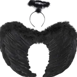Englevinger, Sort, Engel Kostume Til Kvinder, Med Glorie Og Sorte Vinger, Til Piger, Fjer Vinger Fallen angel wings - black-45 cm