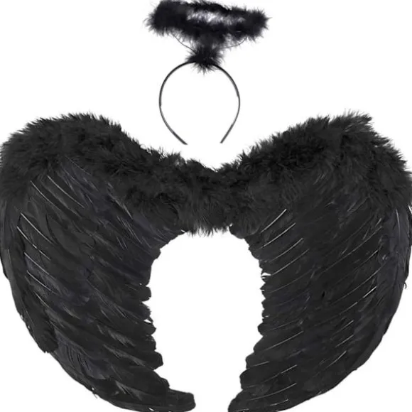 Englevinger, Sort, Engel Kostume Til Kvinder, Med Glorie Og Sorte Vinger, Til Piger, Fjer Vinger Fallen angel wings - black-45 cm