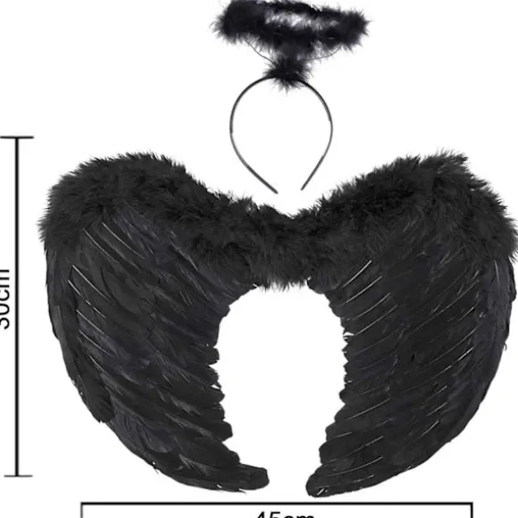 Englevinger, Sort, Engel Kostume Til Kvinder, Med Glorie Og Sorte Vinger, Til Piger, Fjer Vinger Fallen angel wings - black-45 cm