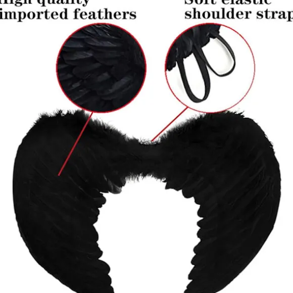 Englevinger, Sort, Engel Kostume Til Kvinder, Med Glorie Og Sorte Vinger, Til Piger, Fjer Vinger Fallen angel wings - black-45 cm