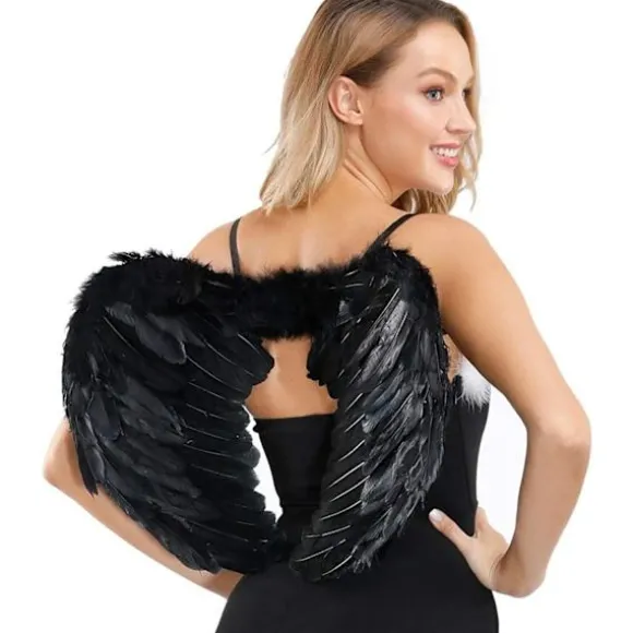 Englevinger, Sort, Engel Kostume Til Kvinder, Med Glorie Og Sorte Vinger, Til Piger, Fjer Vinger Fallen angel wings - black-45 cm