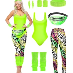 80'er Aerobic Sæt med Leotard & Benvarmere - 7 Dele Zebra Print Fitness Kollektion [JUN] Bright Zebra Medium
