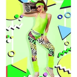 80'er Aerobic Sæt med Leotard & Benvarmere - 7 Dele Zebra Print Fitness Kollektion [JUN] Bright Zebra Medium