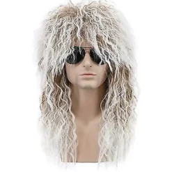 70'er 80'er Mænds Mullet Paryk Halloween Cosplay Krøllet Paryk Varmebestandig Syntetisk Paryk Heavy Metal Rock Cosplay Paryk (Beige)