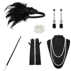 1920'er Flapper Kostume Pandebånd Halskæde Handsker Armbånd Gatsby MF Onesize FF F F Onesize