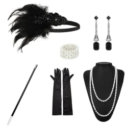 1920'er Flapper Kostume Pandebånd Halskæde Handsker Armbånd Gatsby MF Onesize FF F One size