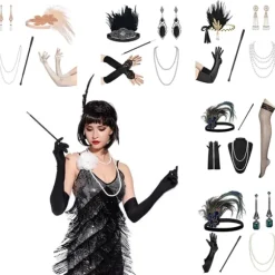 1920'er Flapper Kostume Pandebånd Halskæde Handsker Armbånd Gatsby MF Onesize FF F One size