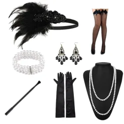 1920'er Flapper Kostume Pandebånd Halskæde Handsker Armbånd Gatsby MF Onesize FF F One size