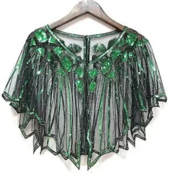 1920'er Flapper Kostume Sjal Wraps Sequin Bead Evening Cape Brude Sjal Bolero 20'er Vintage Party Flapper Cover Up (Sort Grøn)